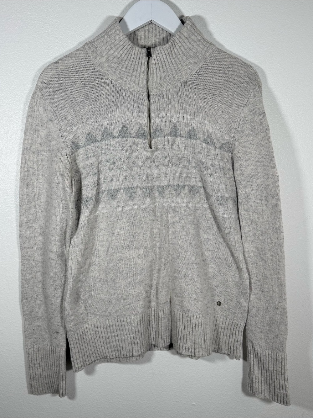 Eddie Bauer Women’s Medium Gray Fair Isle Quarter Zip Sweater Cotton Merino Wool